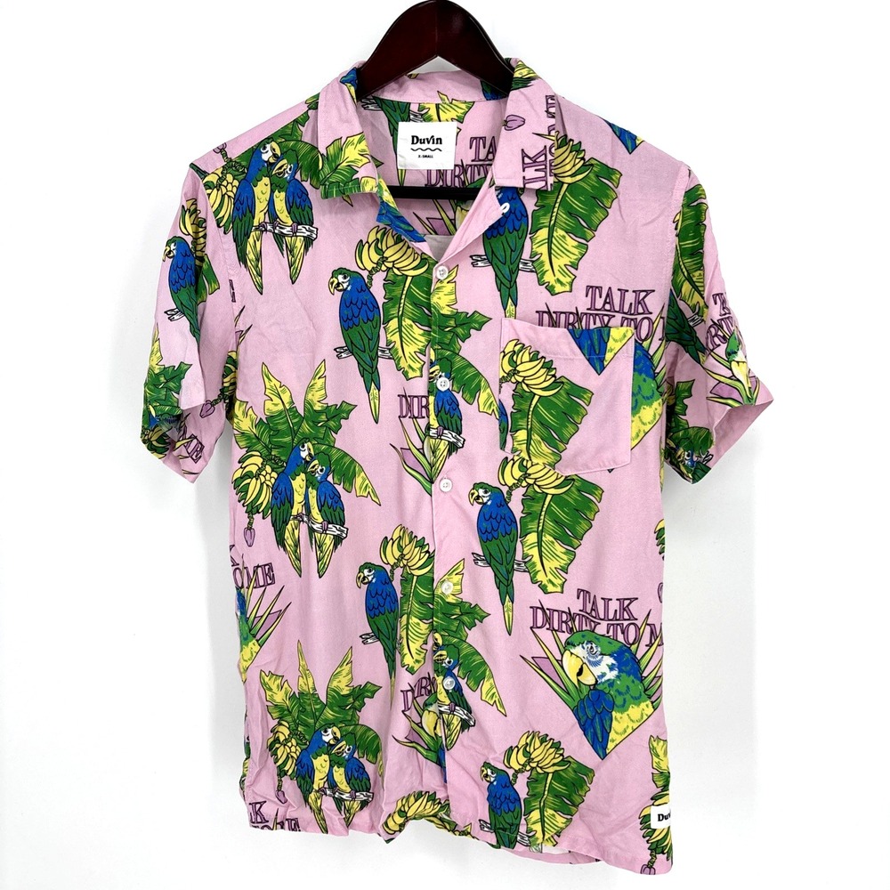 Duvin Talk Dirty To Me Shirt Mens Size XS Pink Parrot Loop Collar Hawaiian RARE